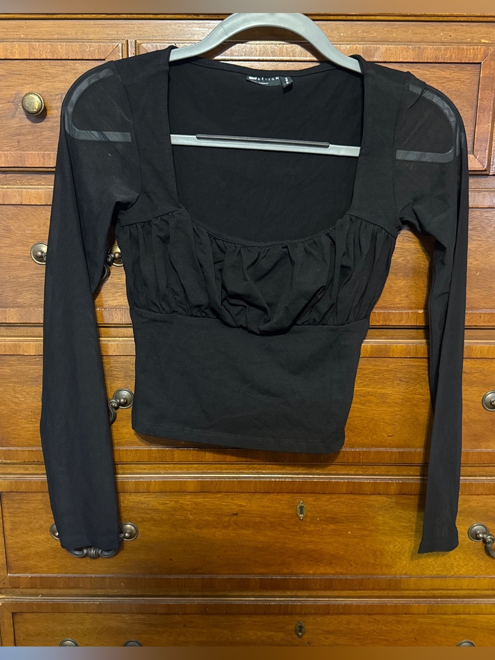 ASOS Design Black Sheer Sleeve Ruched Bust Corset Top US 0 Y2K Dark Feminine